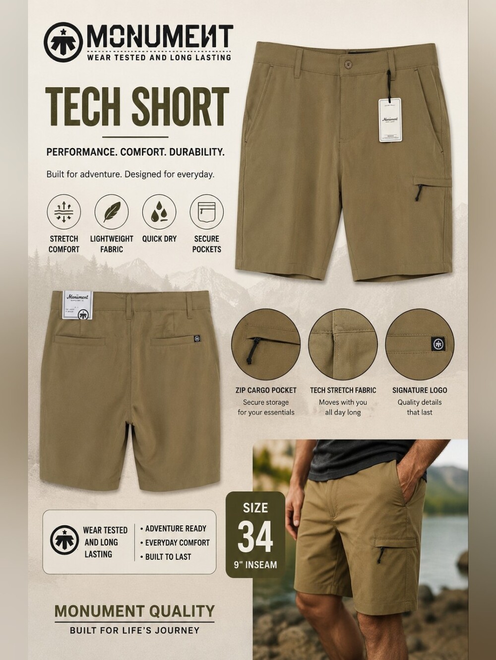 Monument Tech Cargo Shorts - Olive Men’s Performance Shorts